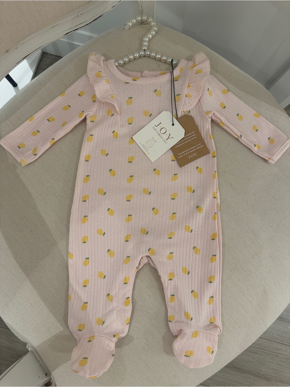 🍋 6~9 Mth Organic Cotton Pink Lemon Print Ribbed Baby One-Piece Footie NWT